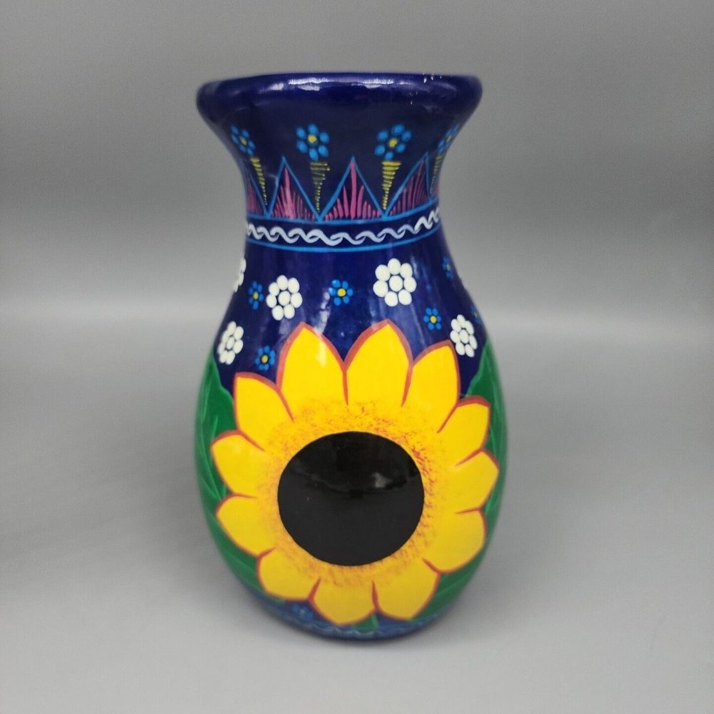 Hand-Painted Sunflower Ceramic Vase - Blue and Yellow